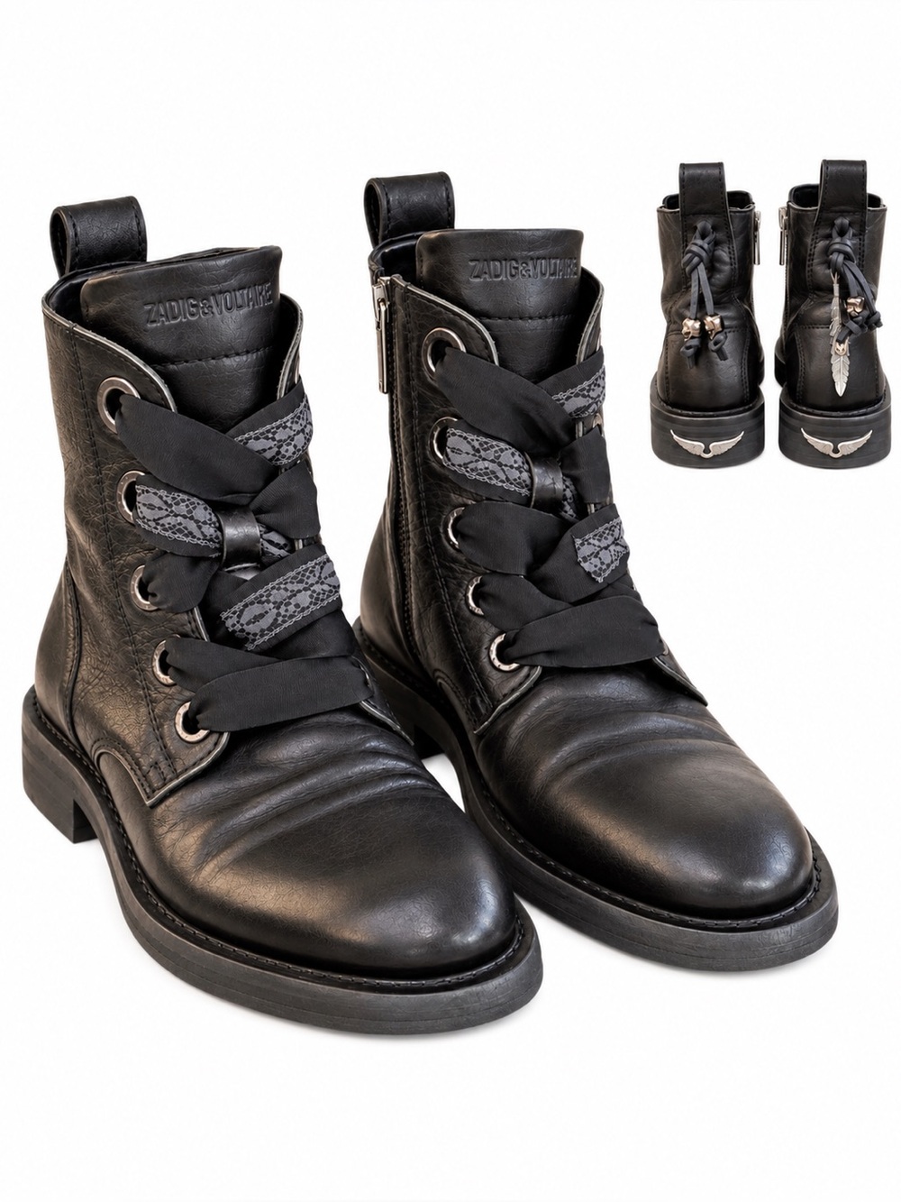 Zadig & Voltaire Laureen Roma Black Leather Skull Wing Boots EU 38 / US 8